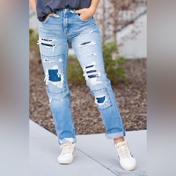 Flying Monkey Denim - Flying Monkey Luv Story Distressed Patchwork Blue Denim Boyfriend Jeans Size 29
